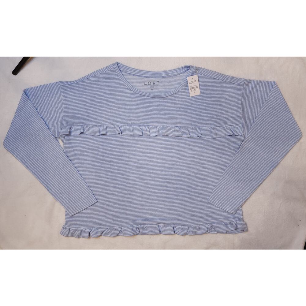 LOFT NWT Light Blue & White Striped Ruffle Chest & Hem Top modal blend Med
